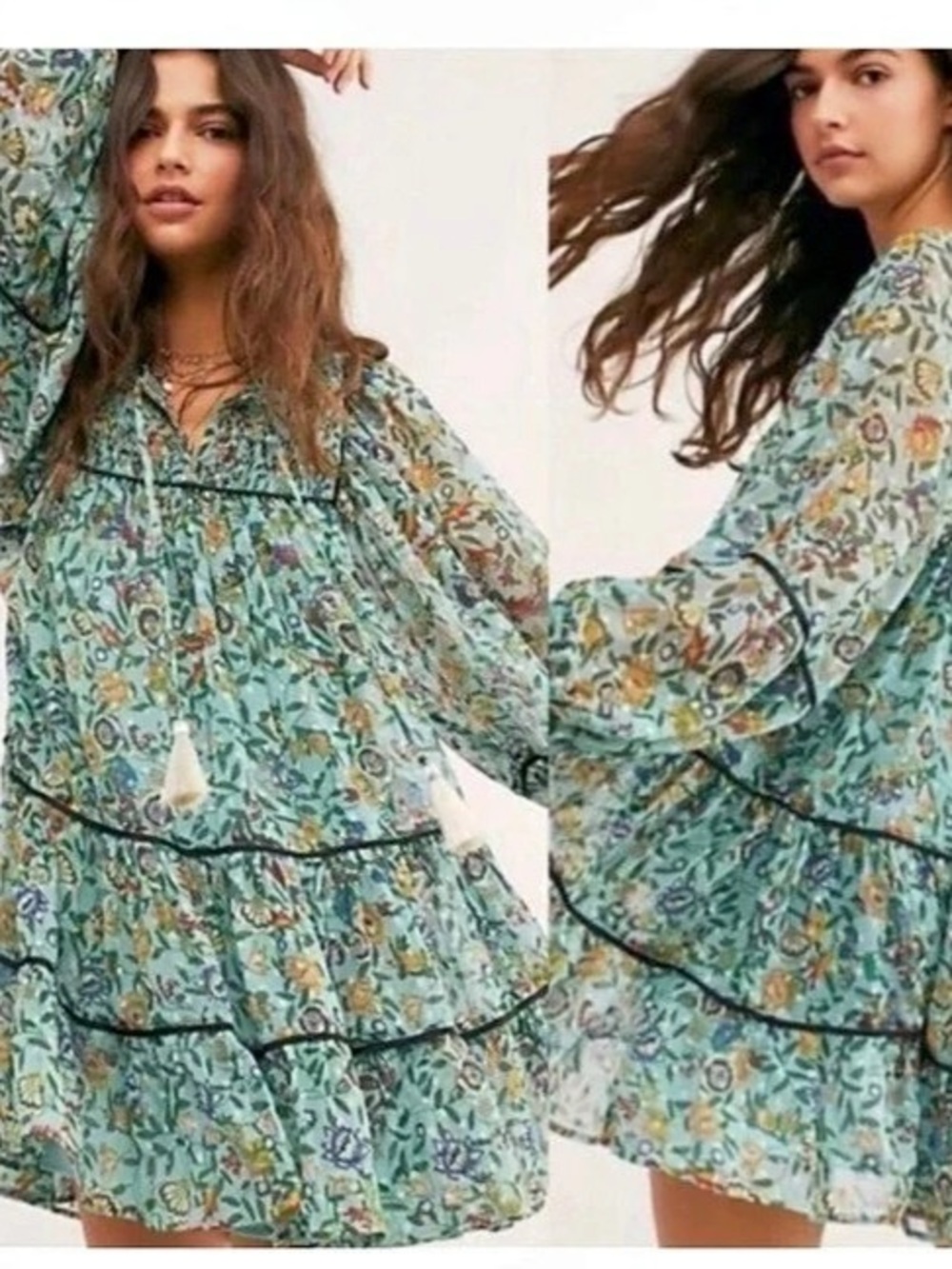 Free People Free Swinging Mini Dress Floral Green & Blue XS
